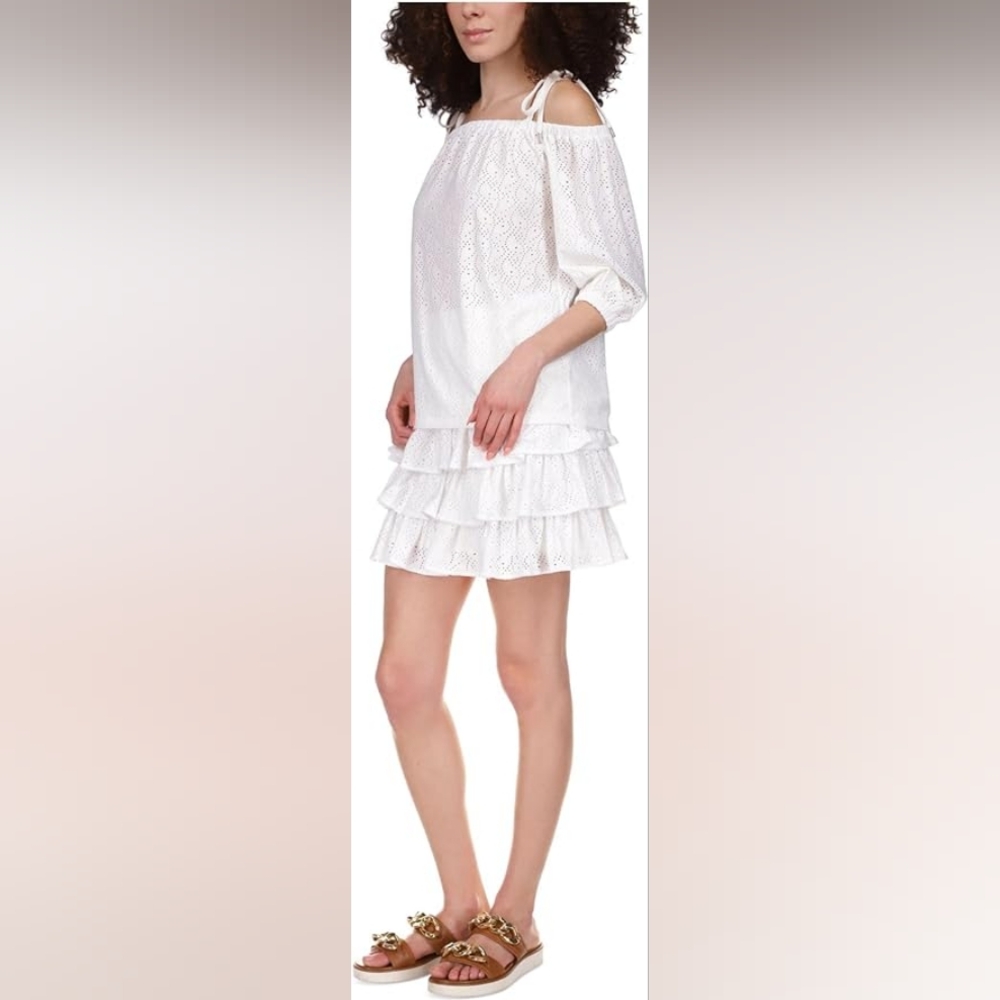 NWT Michael Kors White Eyelet Off Shoulder and Tie Top Size Small